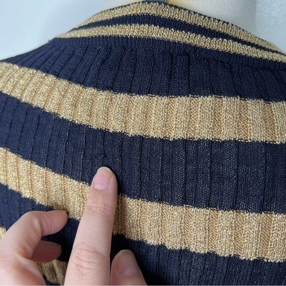 Zara Knit Top Navy and Metallic Gold Stripe Long Sleeve Crop Stretch - Picture 4 of 7